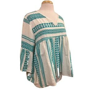 Sofia Made in Italy Boho Empire Waist Top Ecru Aqua Geo Print V-Neck Pullover, L
